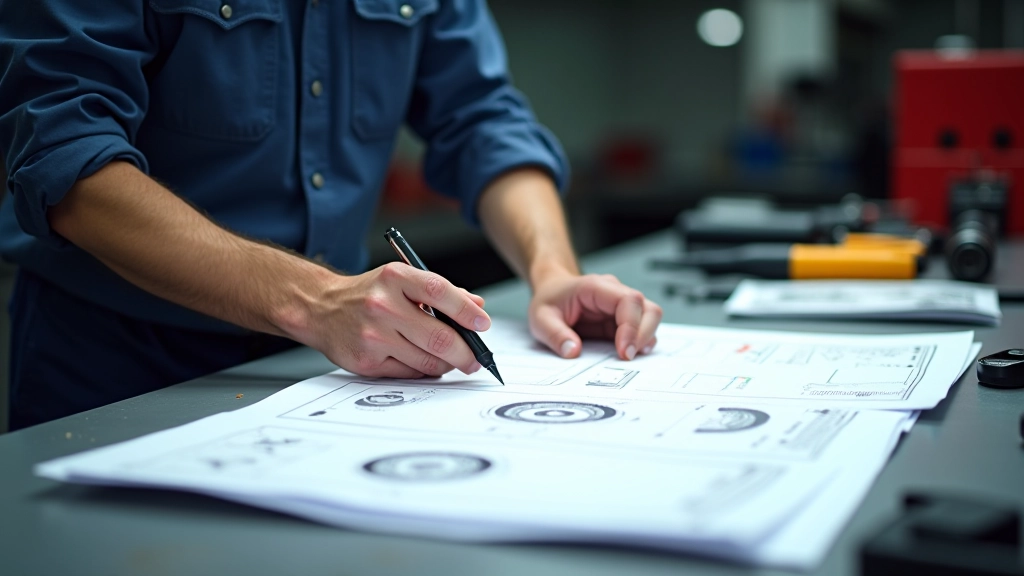 Technical repair documentation and diagnostic tools arranged on a professional workshop workbench