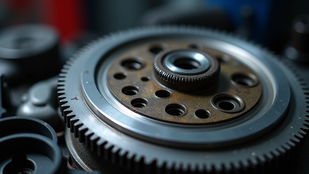 Close-up detail of flywheel surface showing scoring patterns and wear marks from previous clutch disc contact