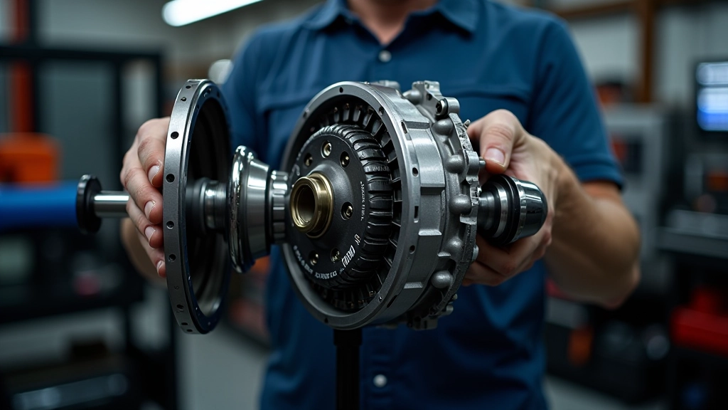 Transmission removed from vehicle mounted on jack, showing clutch assembly with pressure plate and disc clearly visible