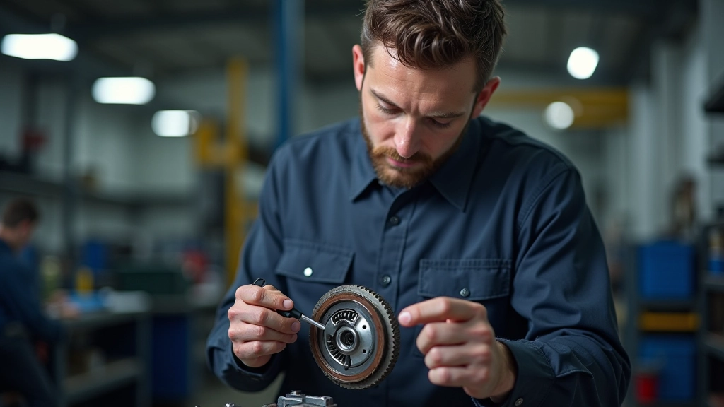 Technician examining transmission components with precision tools and measurement equipment at workbench