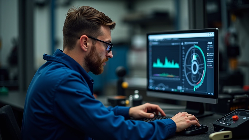 Mechanic reviewing diagnostic data on computer monitor while vehicle is connected to testing equipment