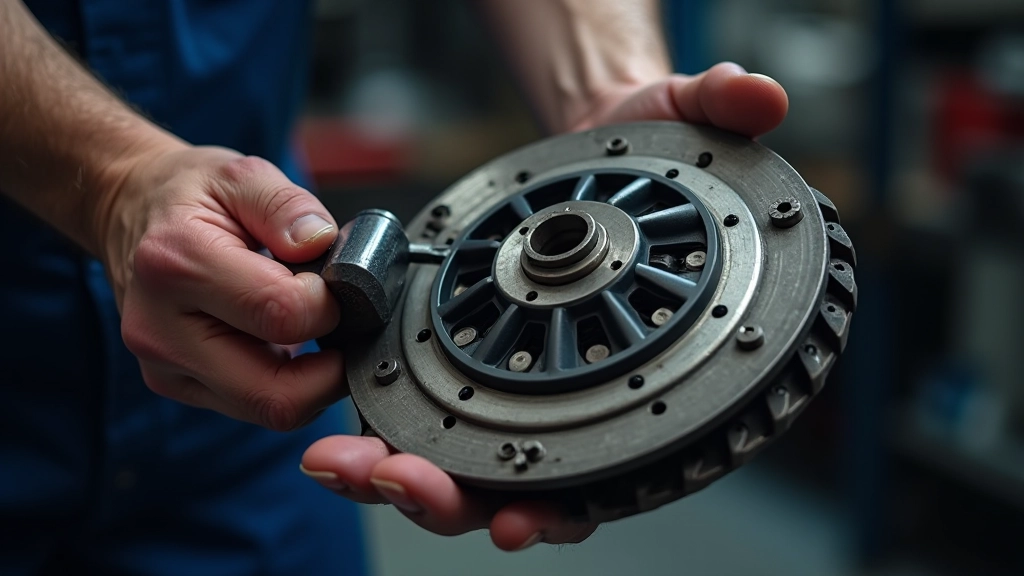 Mechanic hands carefully positioning new clutch disc using alignment tool, showing proper centering technique