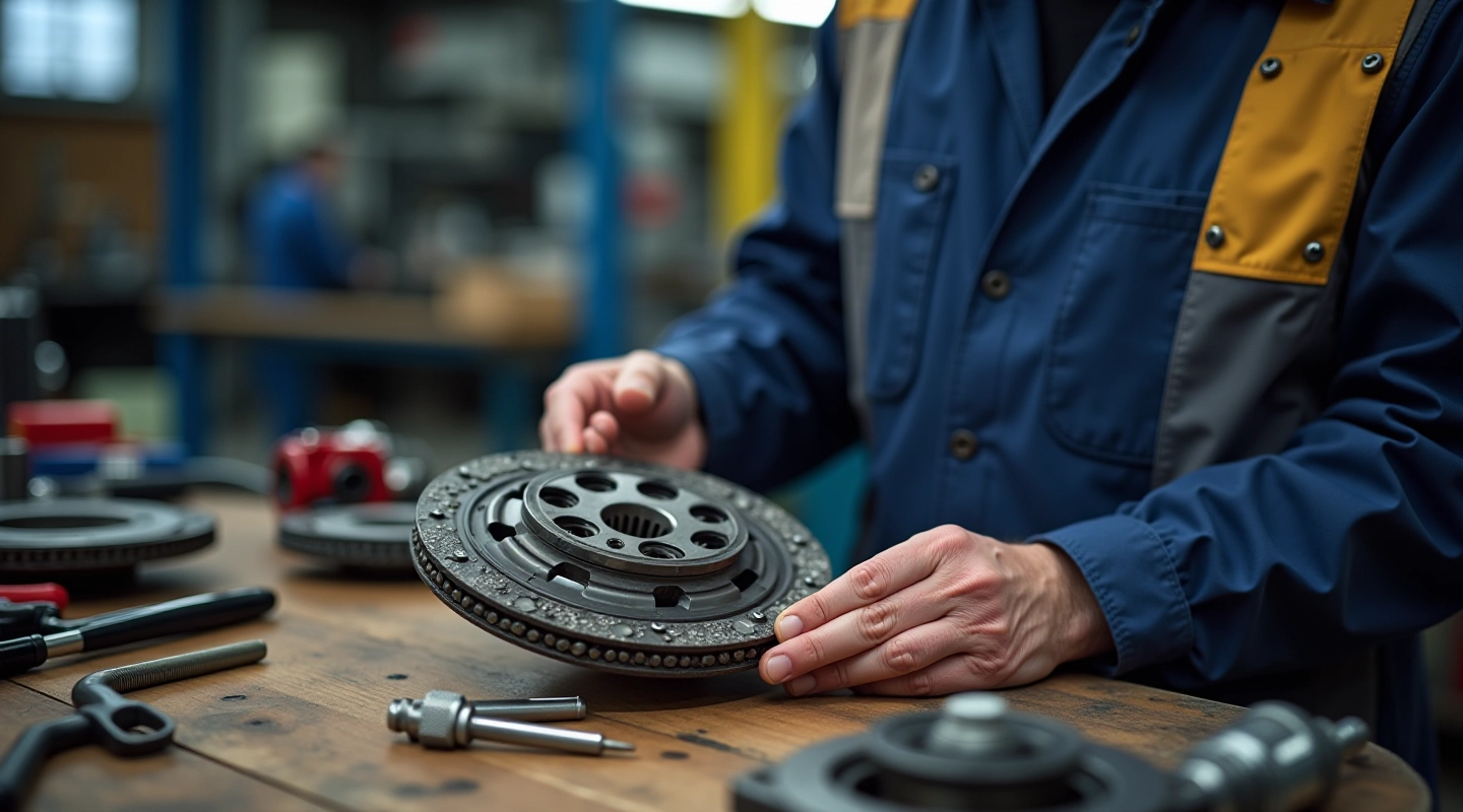 Mechanic examining manual transmission clutch disc assembly in workshop with precision tools