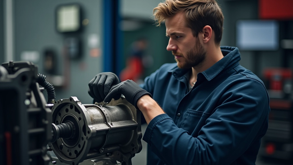 Professional mechanic working on vehicle transmission