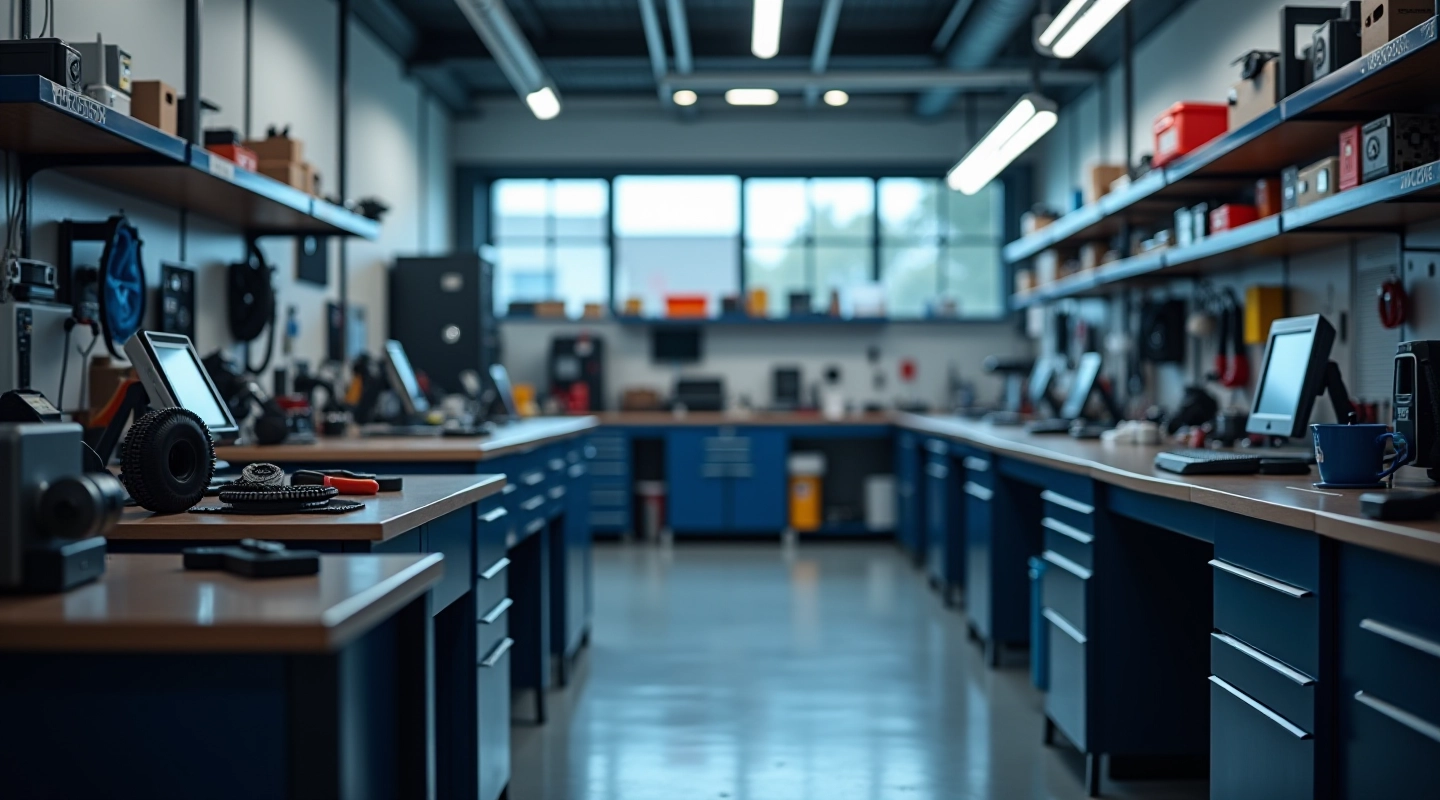 Professional transmission repair workshop with specialized diagnostic equipment and workbenches