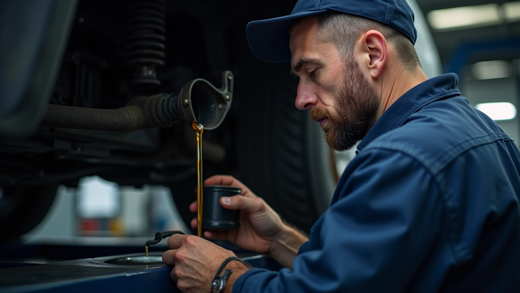 Service technician performing transmission fluid change using proper equipment and collection pan