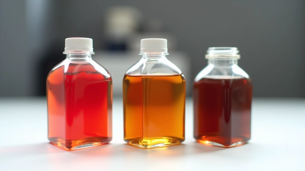 Transmission fluid color chart comparing new red fluid to dark degraded fluid samples