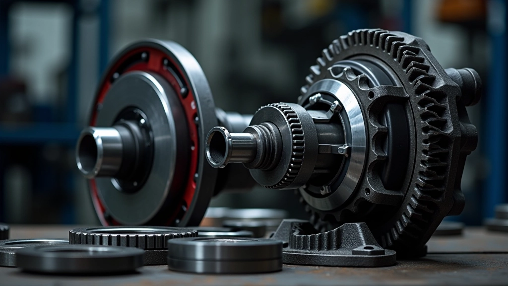 Damaged gearbox component displayed alongside rebuilt transmission assembly for comparison